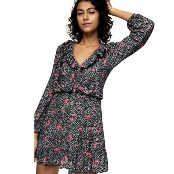 A026 TOPSHOP Floral Double-V Long Sleeve Jersey Mini Dress - Picture 1 of 6